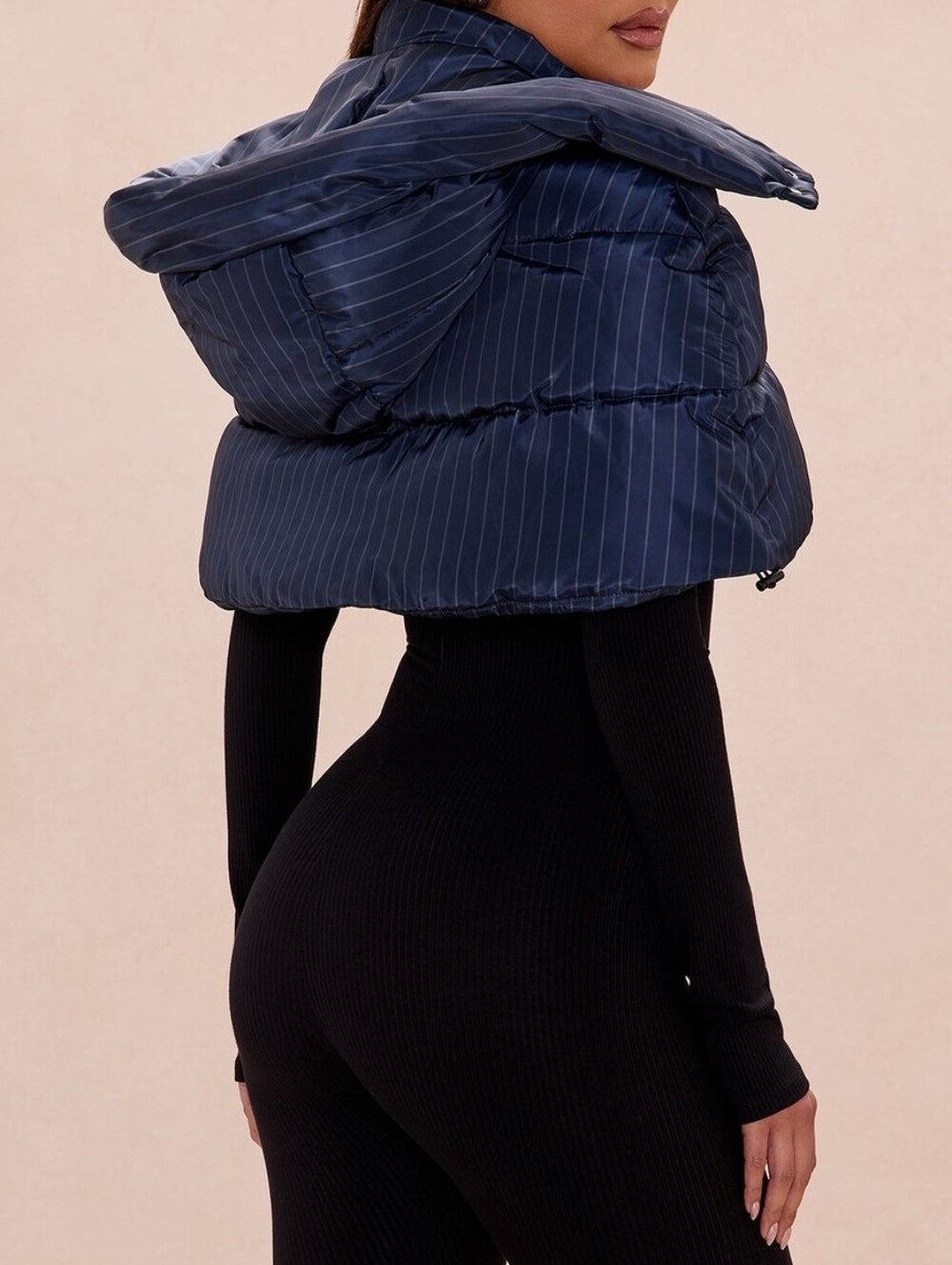 Navy Pinstripe Puffer Hooded Coat